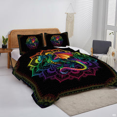 Colorful dragon mandala artwork displayed on a bed in a bright modern bedroom