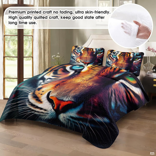 Multicolor tiger face bedding displayed in a bright bedroom