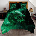 Glowing emerald dragon with long whiskers displayed across a black bed and pillows
