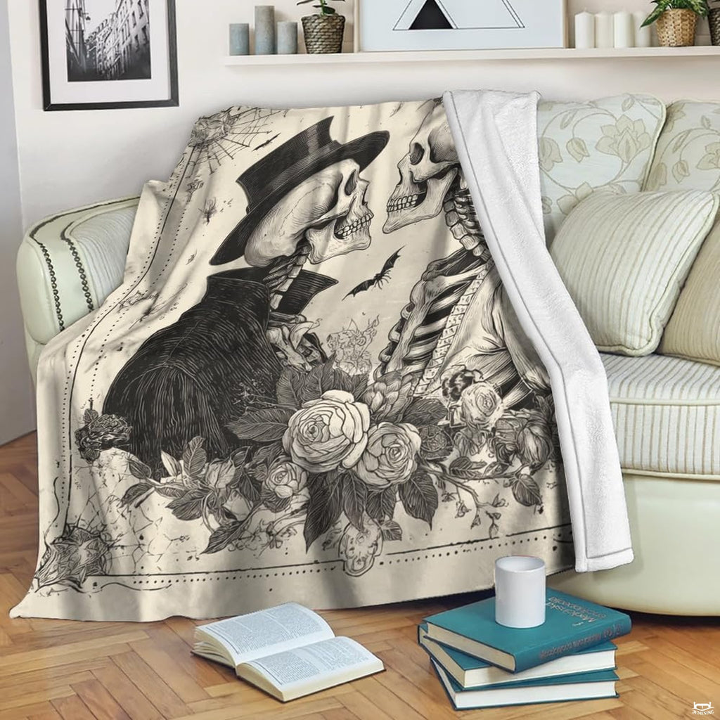 Alternative bedroom decor showcase featuring skeleton bride and groom bedding set.