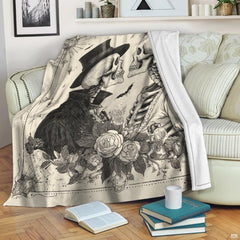 Alternative bedroom decor showcase featuring skeleton bride and groom bedding set.