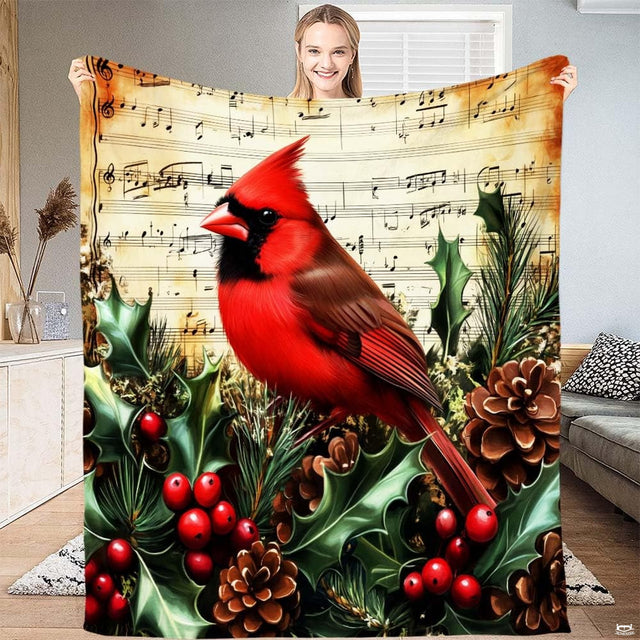 Full view of red cardinal sheet music blanket held up indoors.