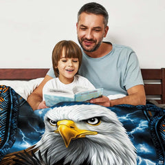 Lightning storm bald eagle portrait throw blanket view 3 detailing eagle feathers and border
