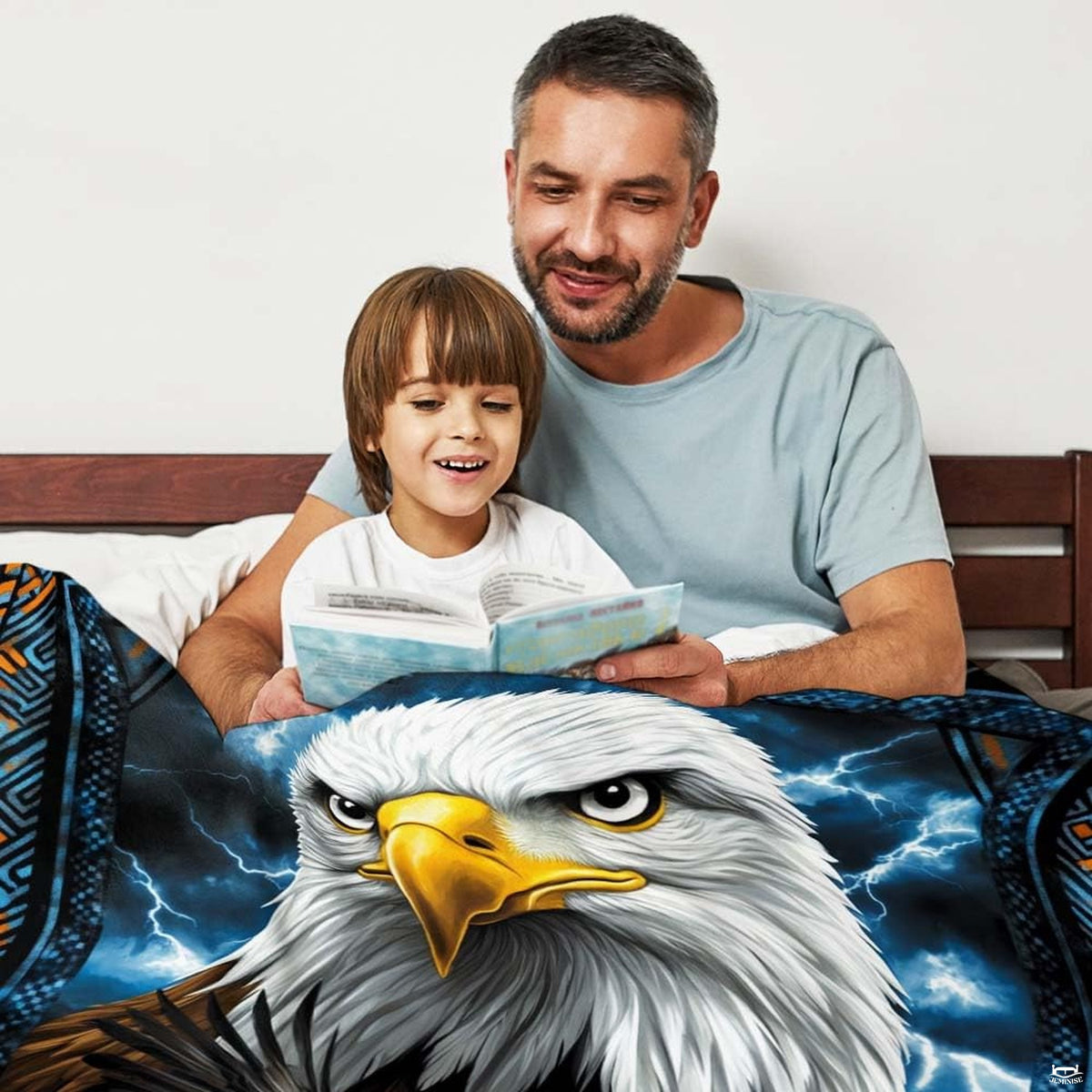 Lightning storm bald eagle portrait throw blanket view 3 detailing eagle feathers and border