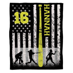 Flat graphic display of the distressed American flag softball design with neon yellow bat.