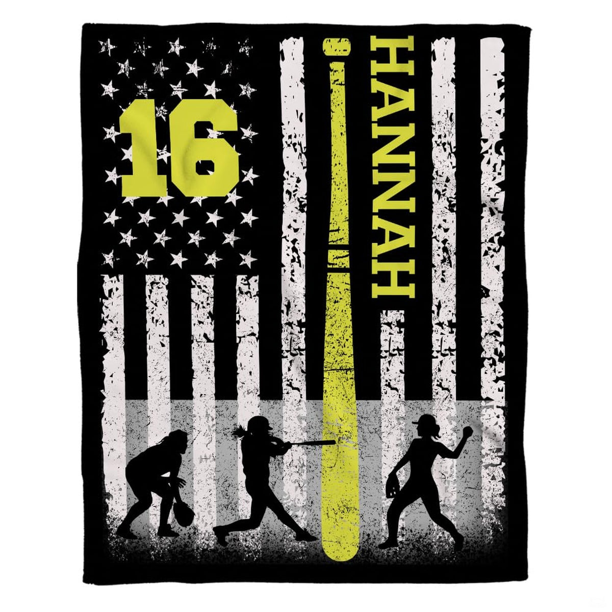 Flat graphic display of the distressed American flag softball design with neon yellow bat.