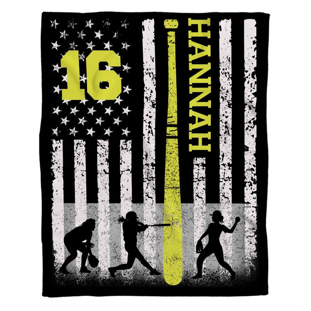 Flat graphic display of the distressed American flag softball design with neon yellow bat.