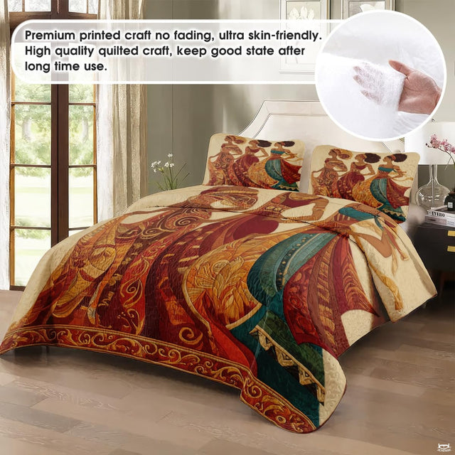 Staged bed with three women in patterned gowns and scrollwork border