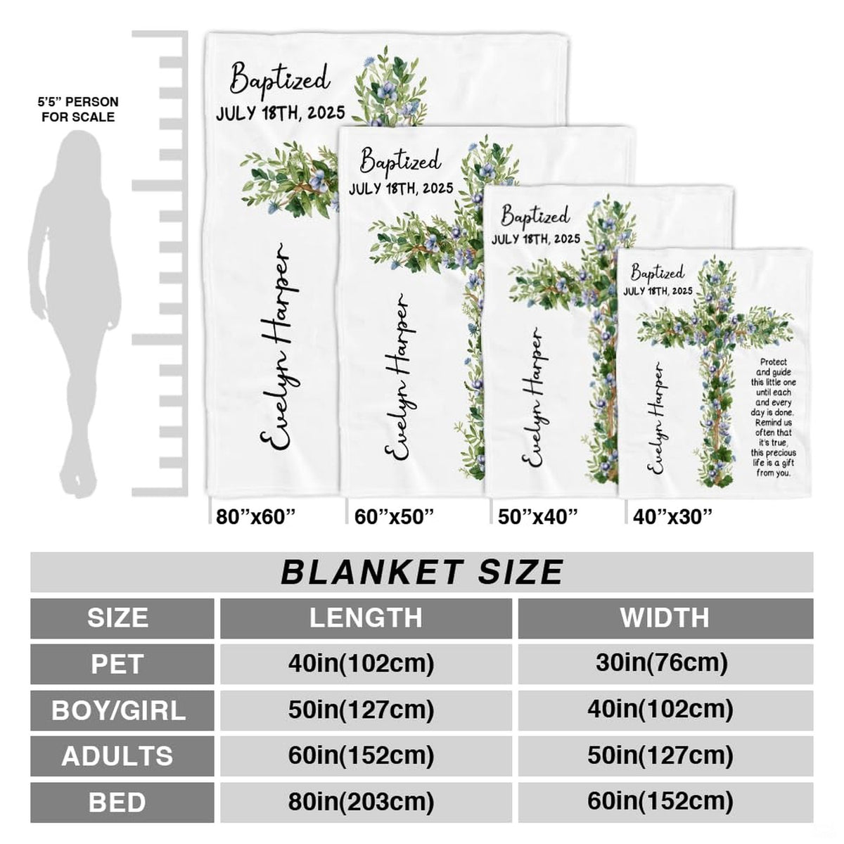 Baptism design with botanical floral wooden cross and blessing verses, view 4.