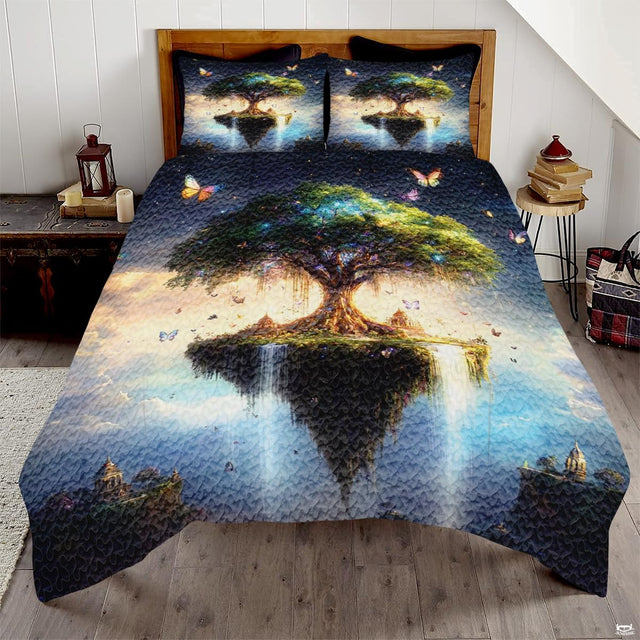 Floating island Tree of Life bedding displaying sacred tree on sky island with waterfalls pouring into clouds