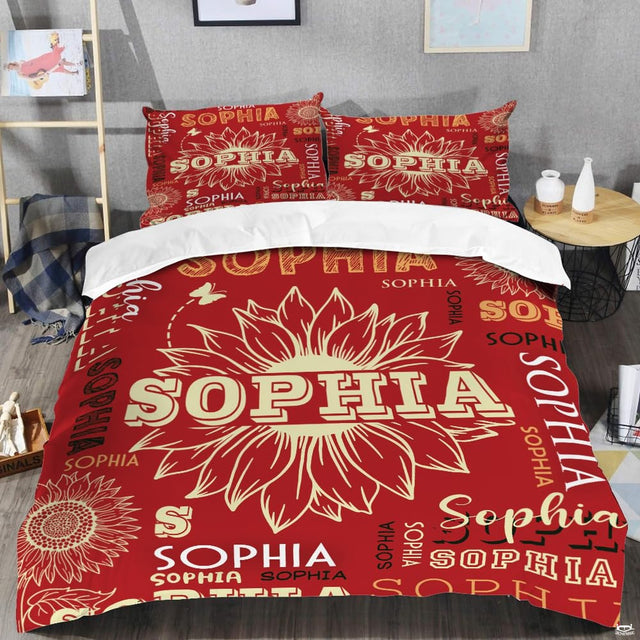 Close-up view of unicorn bedding highlighting ornate mythical creature silhouette and crimson rose wreath