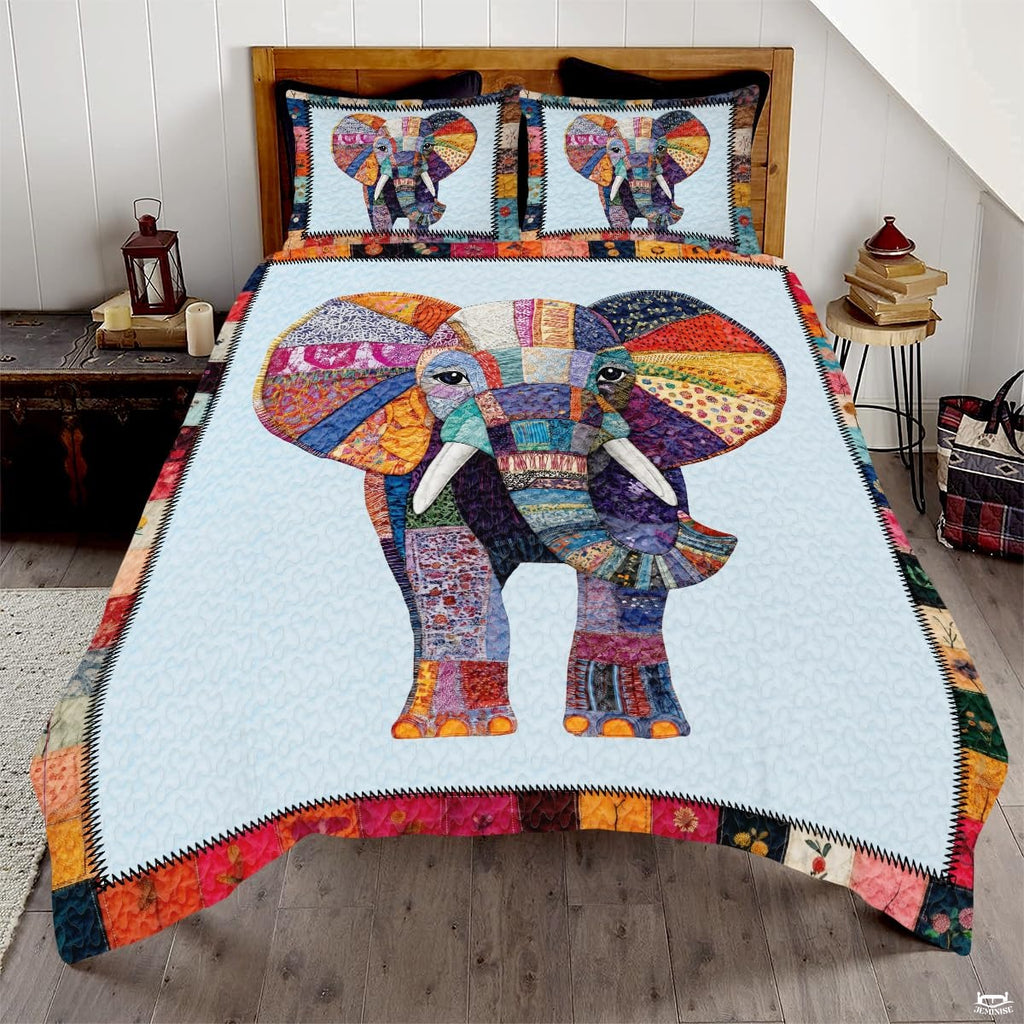 Elephant Patchwork Pattern Quilt Set, Animal Farmhouse Quilt Set Patchwork Style, Premium Quilt Pattern Bedspread, Elephant Bedding Quilt for Birthday Gift