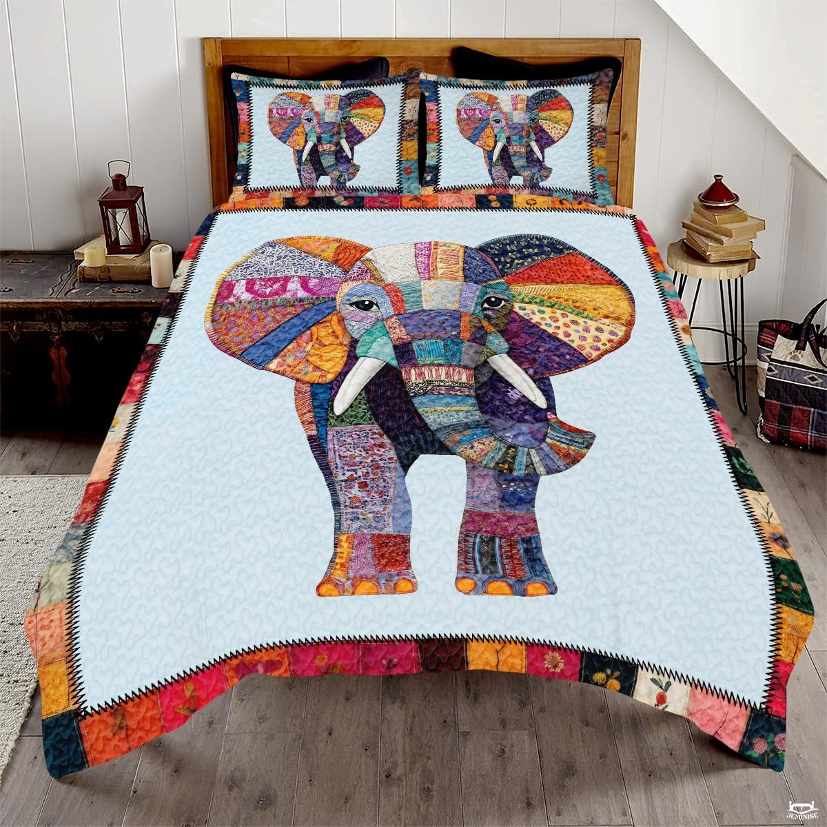 Elephant Patchwork Pattern Quilt Set, Animal Farmhouse Quilt Set Patchwork Style, Premium Quilt Pattern Bedspread, Elephant Bedding Quilt for Birthday Gift