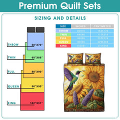 Hummingbird and sunflower bedding artwork beside a reference chart