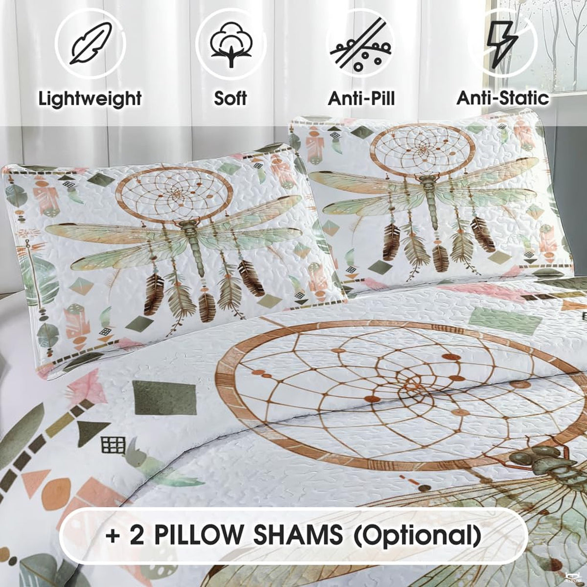 Close view of dragonfly and feather pillow artwork