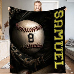 Baseball in fielding mitt throw blanket view 2 highlighting baseball glove details and sports bedroom styling