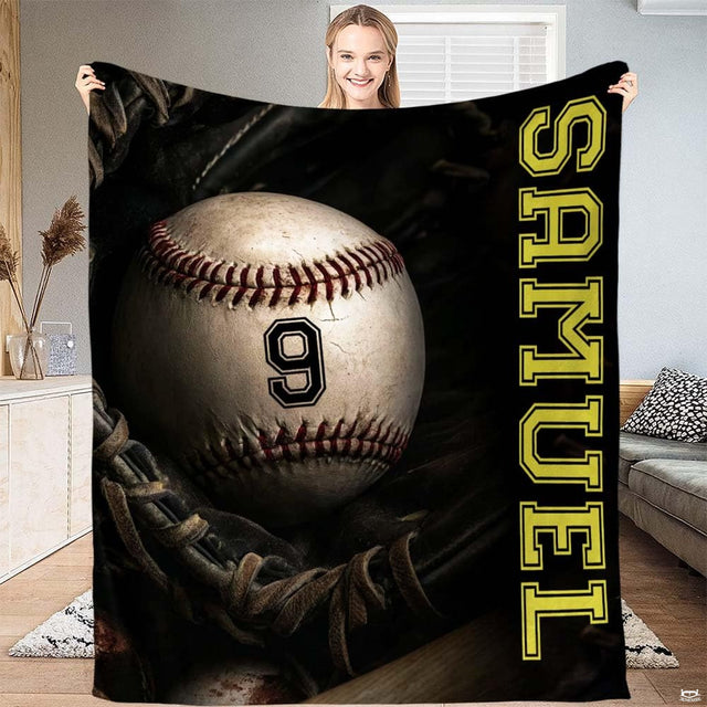 Baseball in fielding mitt throw blanket view 2 highlighting baseball glove details and sports bedroom styling