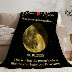 Personalized Moon Phase Blanket – Custom Couple Gift with Names, Date & “I Love You to the Moon and Back” Quote – Unique Anniversary, Wedding, or Valentine’s Throw Blanket