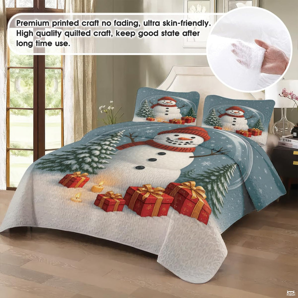 Top-down view of spruce teal and berry snowman bedding set on a decorated holiday bed
