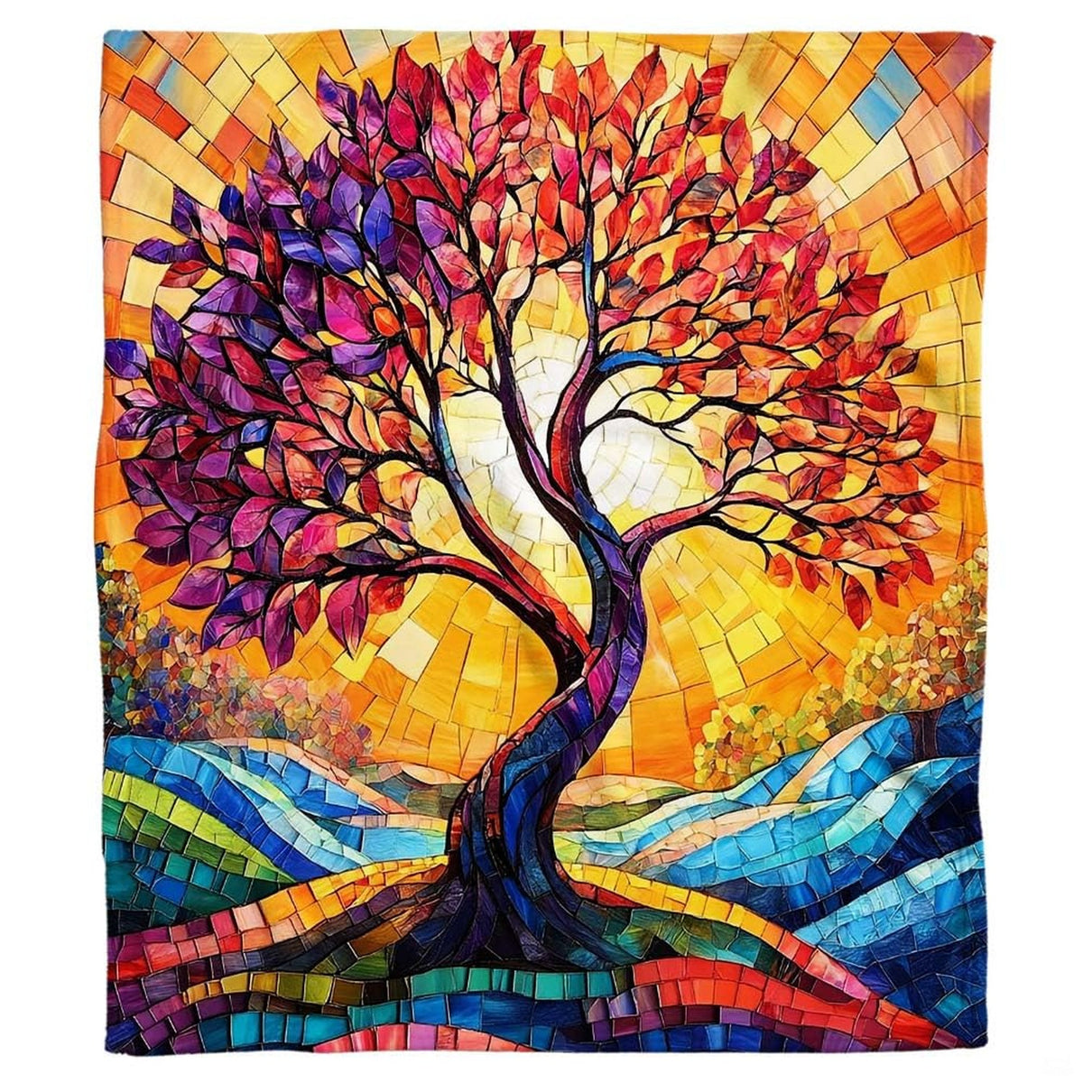 Stained glass mosaic tree of life colorful blanket showing mosaic design view 2