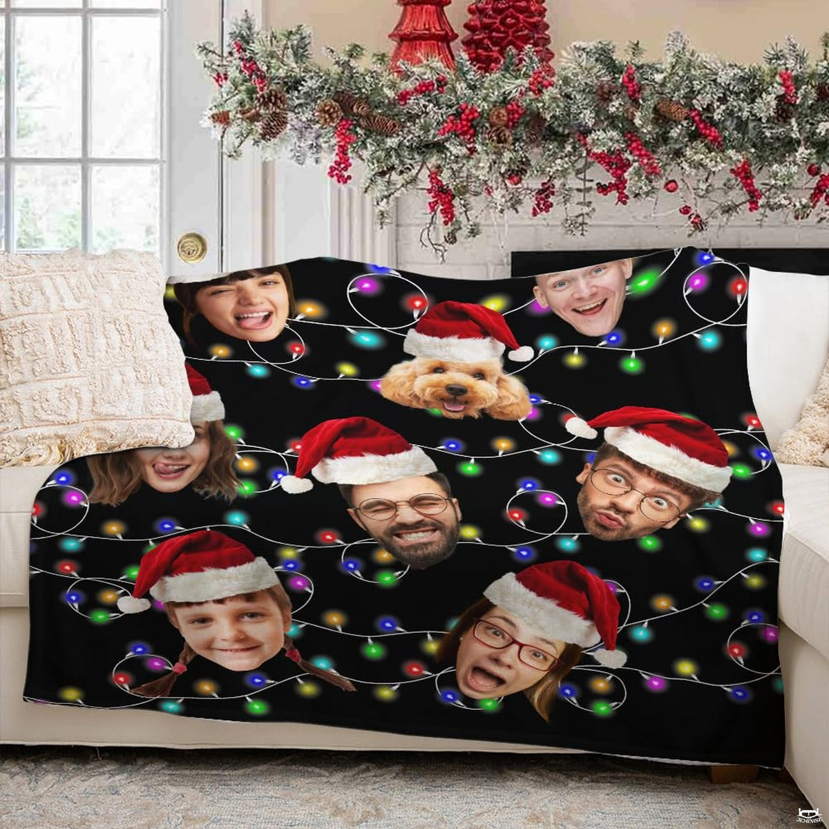 Festive holiday family collage blanket displayed in a Christmas decorated living room