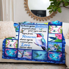 Hummingbird floral collage throw blanket view 6 highlighting iridescent bird artwork and garden room styling