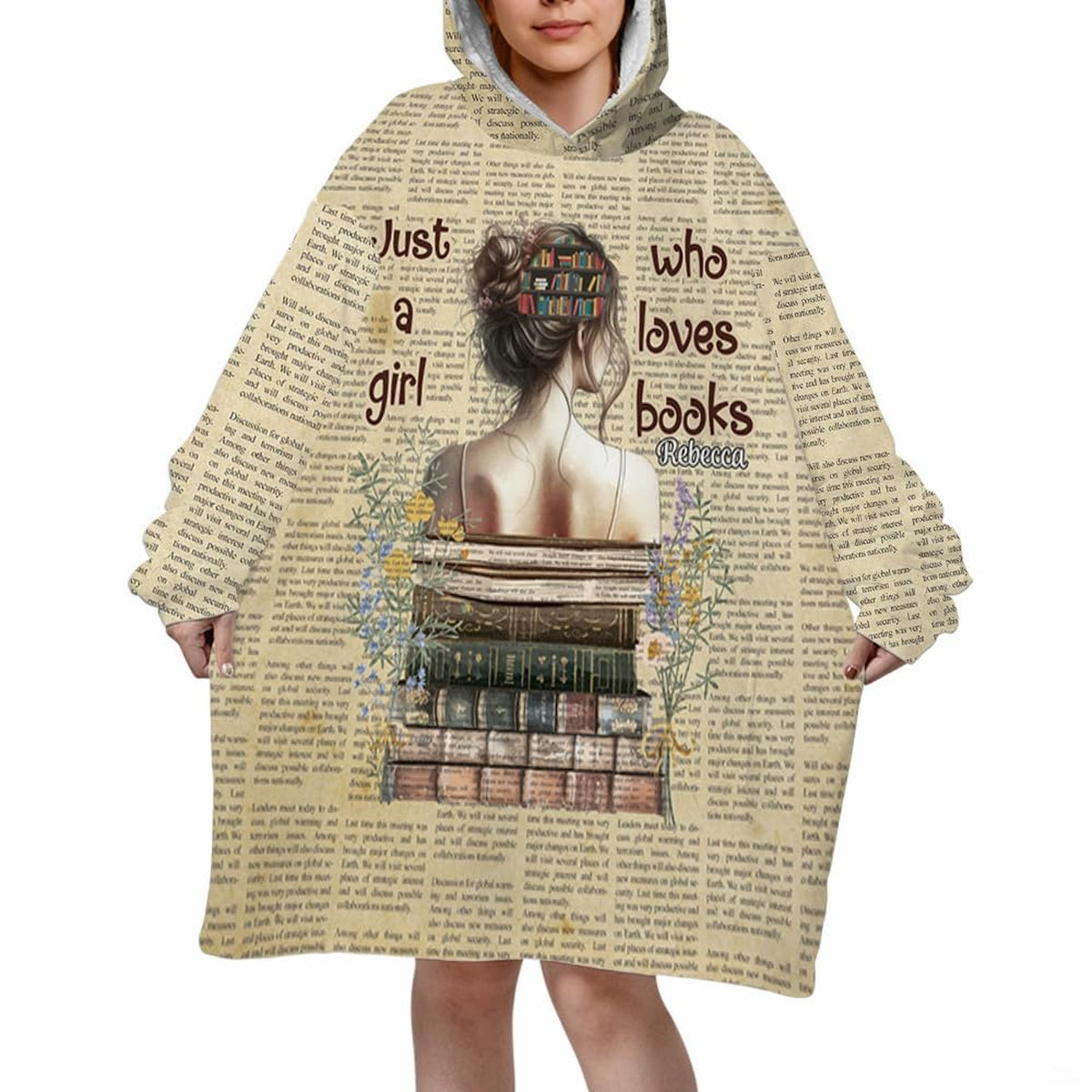 Vintage bookish bedding set with stacked thematic accent, coffee art, and wildflower newspaper collage pattern.
