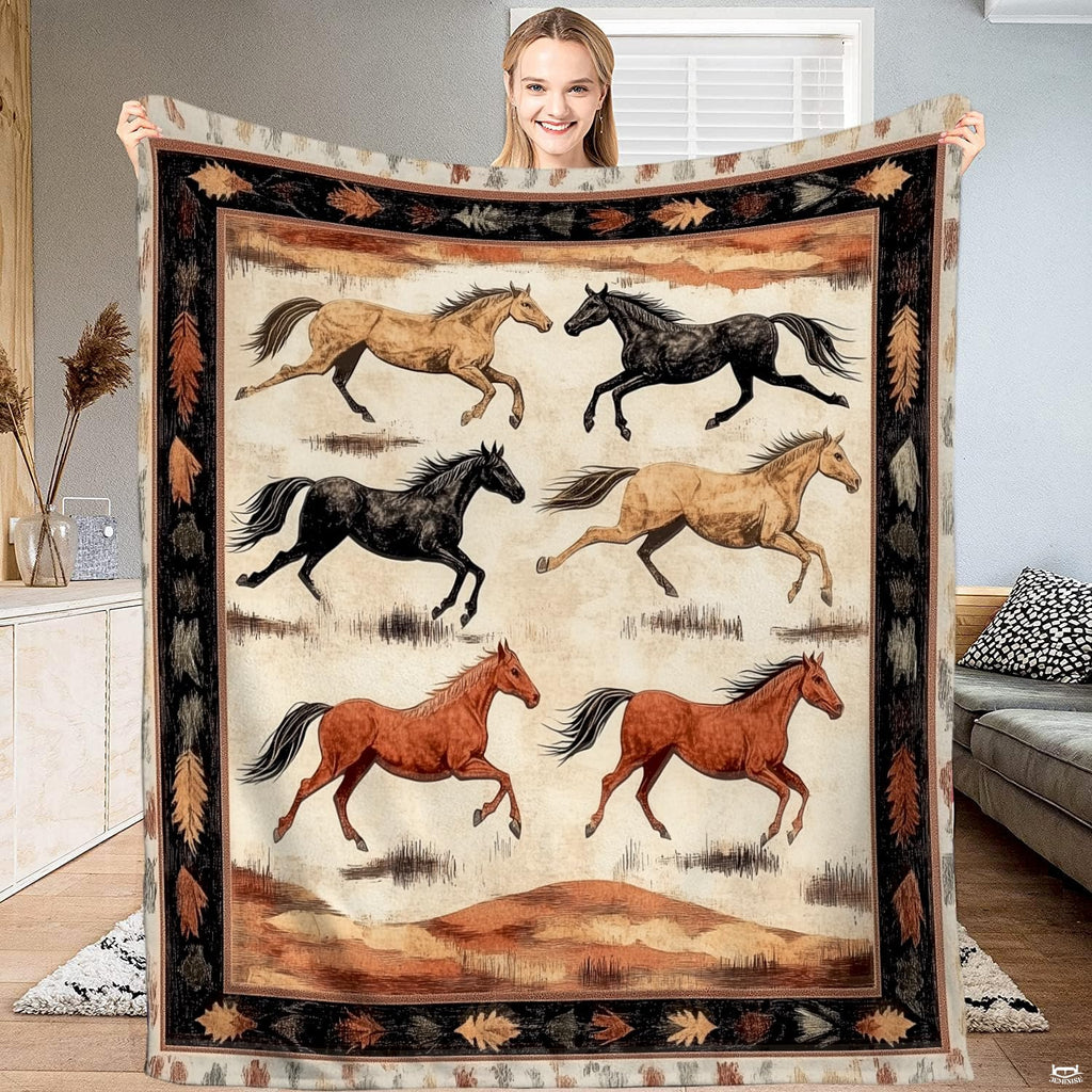 Running horses bedding set featuring galloping steeds and tribal geometric border accents.