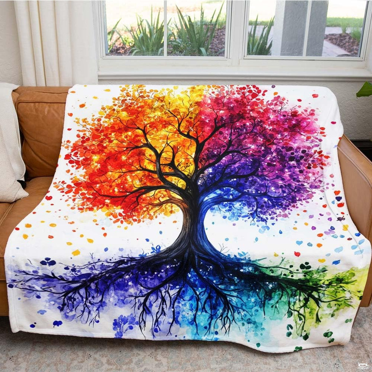 Watercolor rainbow tree of life colorful art blanket showing painterly design view 5