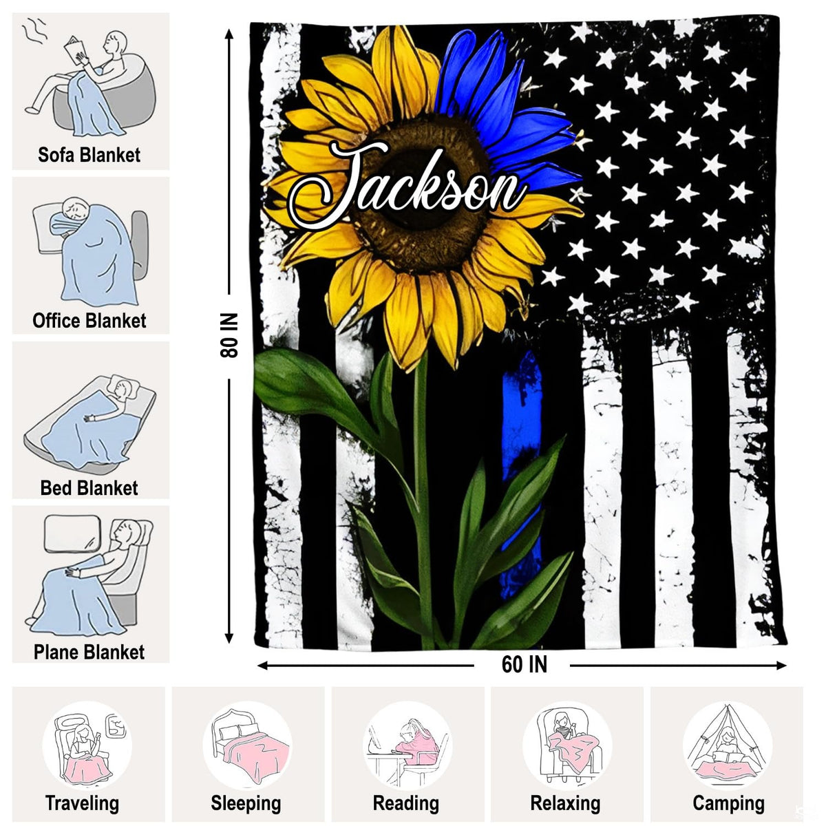 Sunflower Thin Blue Line blanket styled across contemporary bed