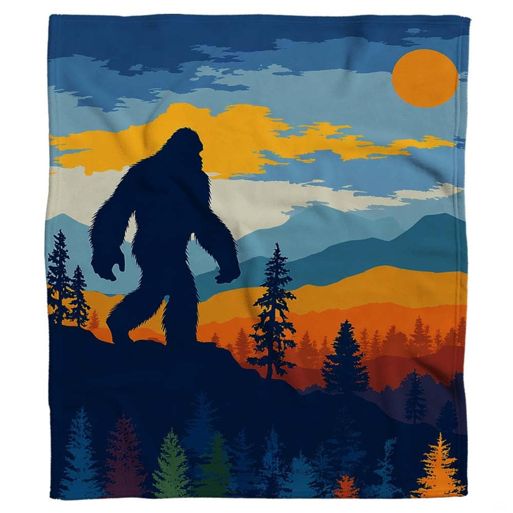 Vintage wilderness themed bedding showcasing Sasquatch silhouette on a mountain ridge with retro sunset.