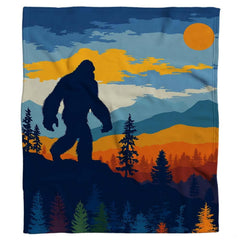 Vintage wilderness themed bedding showcasing Sasquatch silhouette on a mountain ridge with retro sunset.