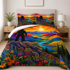 Vibrant bedding set featuring a legendary forest ape overlooking a glowing mountain sunrise and wildflower valley