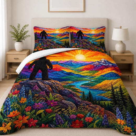 Vibrant bedding set featuring a legendary forest ape overlooking a glowing mountain sunrise and wildflower valley