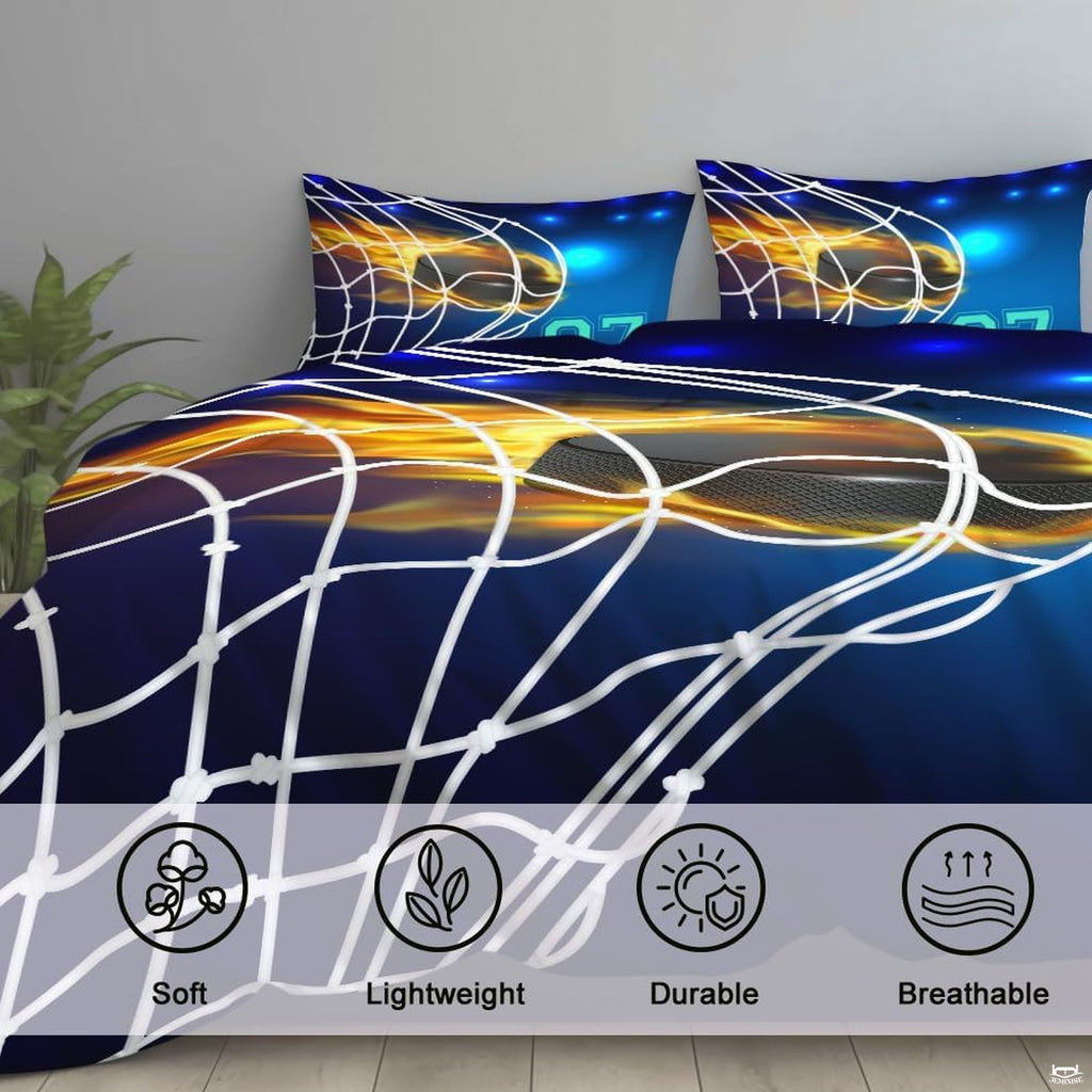 Folded corner view showing blazing amber and electric cyan pattern on athletic hockey bedding