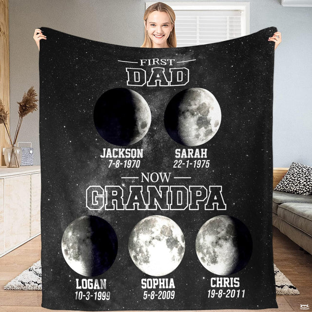 First dad now grandpa moon phase celestial blanket showing lunar discs on starry cosmos view 1