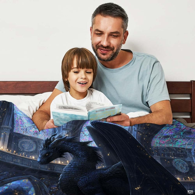 Gothic black dragon throw blanket view 2 highlighting dragon scales, stained glass, and candles