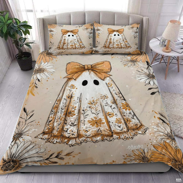 Overhead bedroom view displaying floral lace ghost bedding with matching pillowcases.