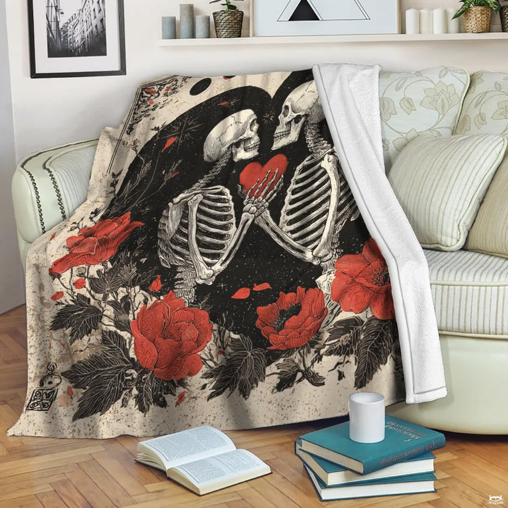 thematic accent room perspective showcasing dark romantic bedding adorned with gothic floral throw motifs and celestial art.