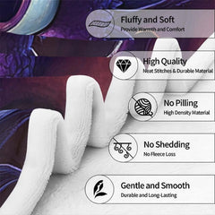 Bedding visual display showing violet thematic accent dragon reading an open illuminated storybook.