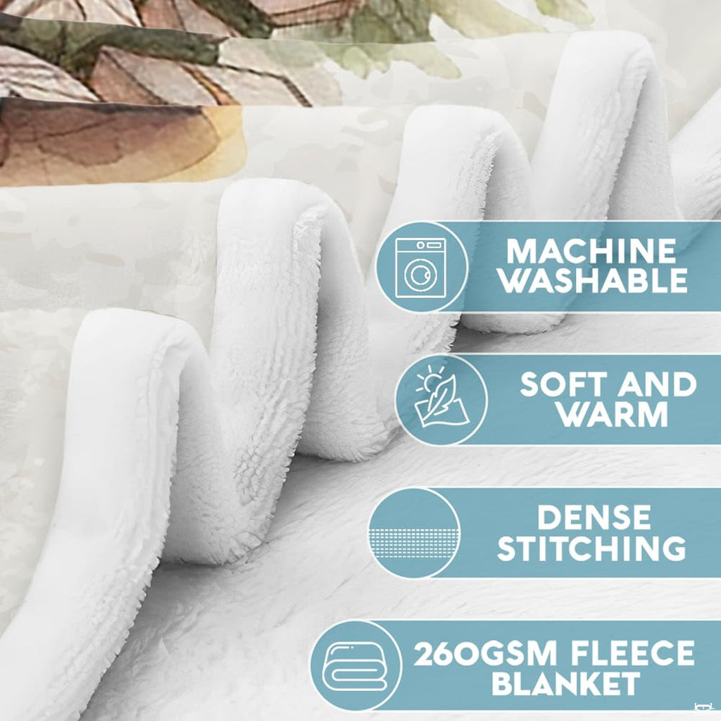 Infographic detailing material properties and wash instructions for holiday throw blanket.