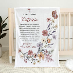 Baptism prayer layout with watercolor wildflowers, cross, and butterfly, view 1.