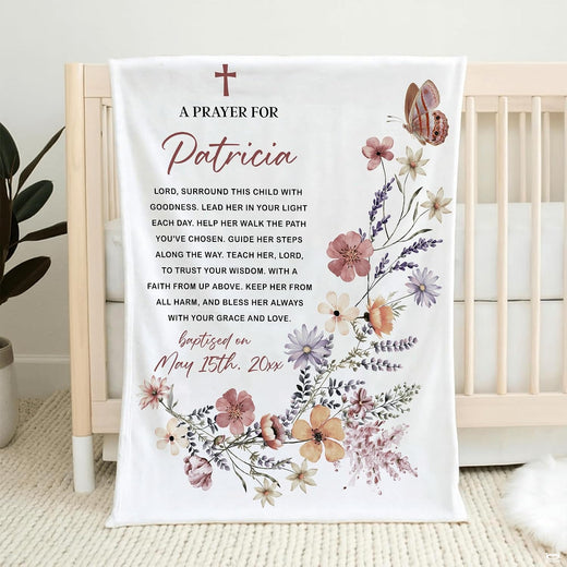 Baptism prayer layout with watercolor wildflowers, cross, and butterfly, view 1.