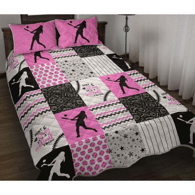 Girls softball bedroom bedding set featuring athletic player silhouettes on pink and black patchwork panels.