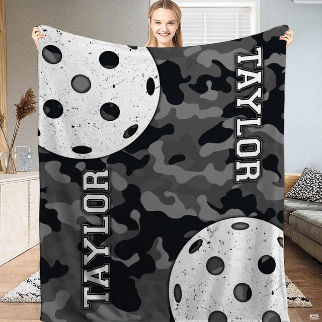 Camo pickleball court throw blanket view 2 highlighting pickleball graphics, camo patterns, and room decor