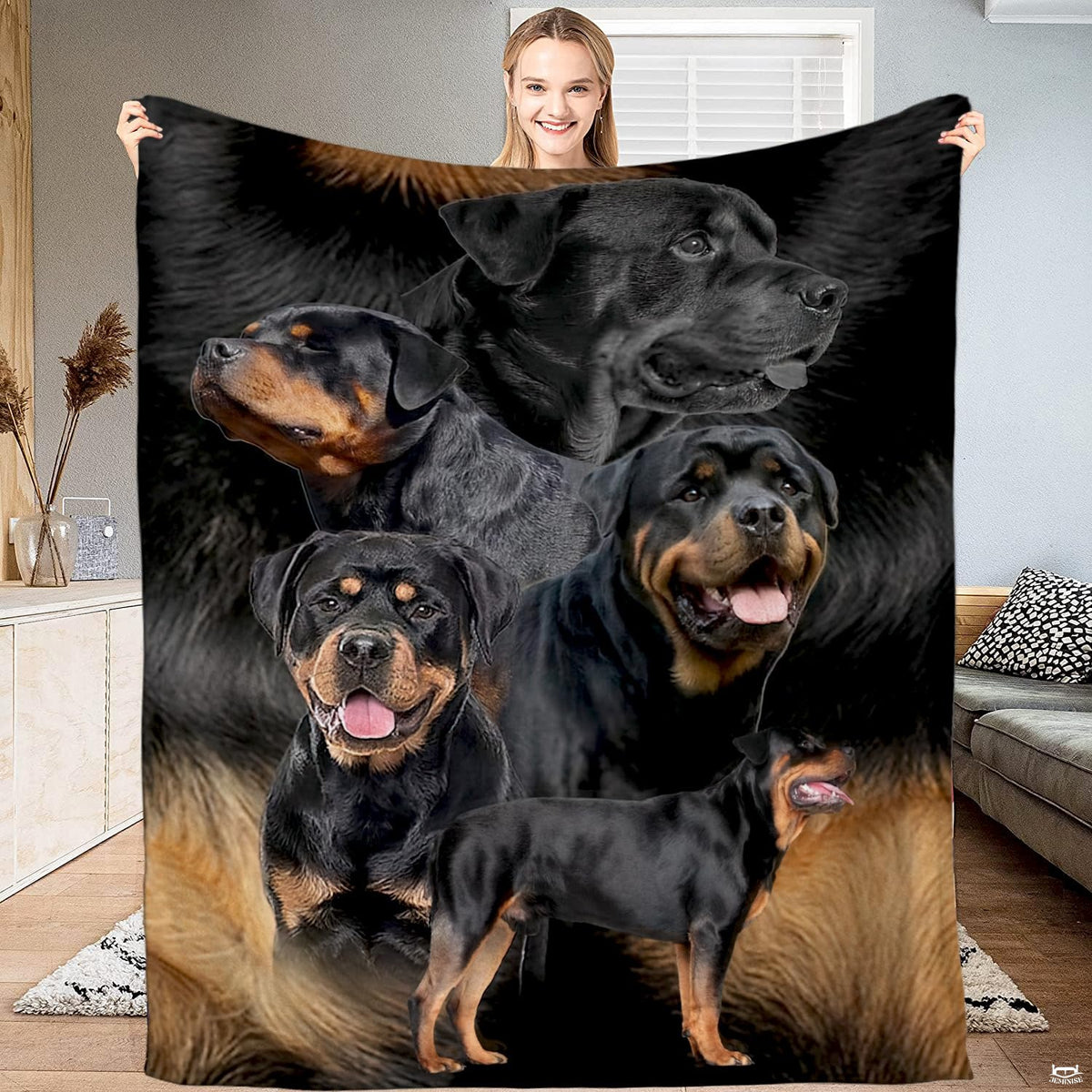 Rottweiler dog portrait canine art blanket held by person