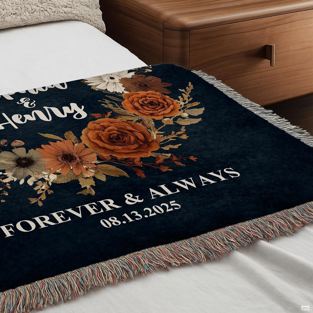 Outdoor patio lounge displaying the romantic autumn floral wreath couple throw blanket