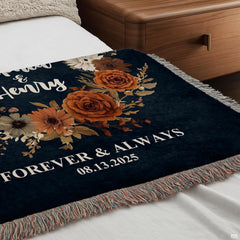 Outdoor patio lounge displaying the romantic autumn floral wreath couple throw blanket