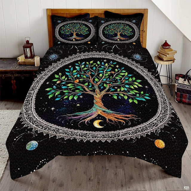 Celtic Tree of Life bedding displaying sacred tree with colorful roots framed by white lace mandala on black background