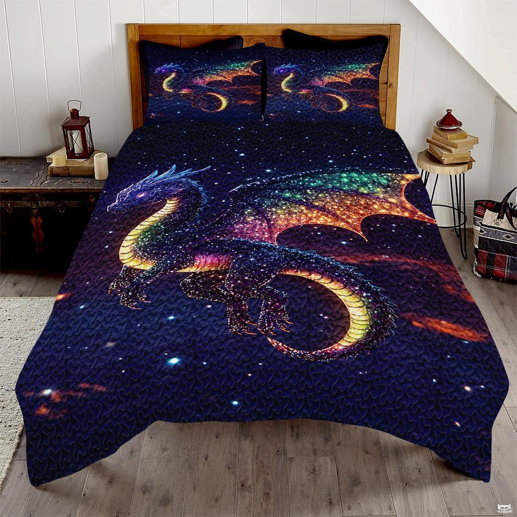 Dark blue dragon with rainbow galaxy wings on a navy star field